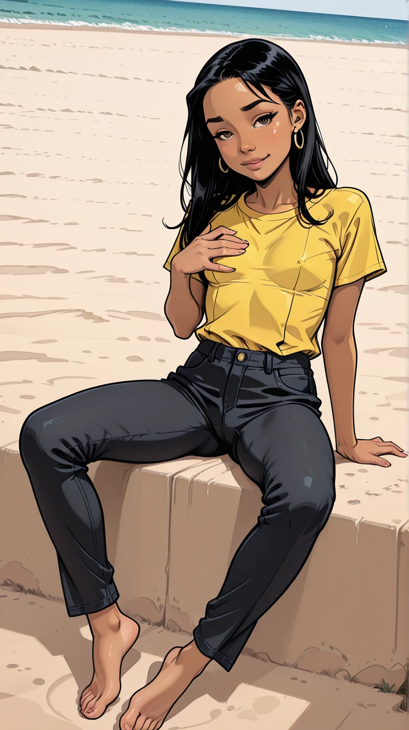 lustrous dark skin, glowing eyes, iridescent hair, gold earrings, gold necklace, glistening gold, white shirt, long sleeves, jeans pants, gold belt, girl sitting on park grass, lifted leg, bare feet