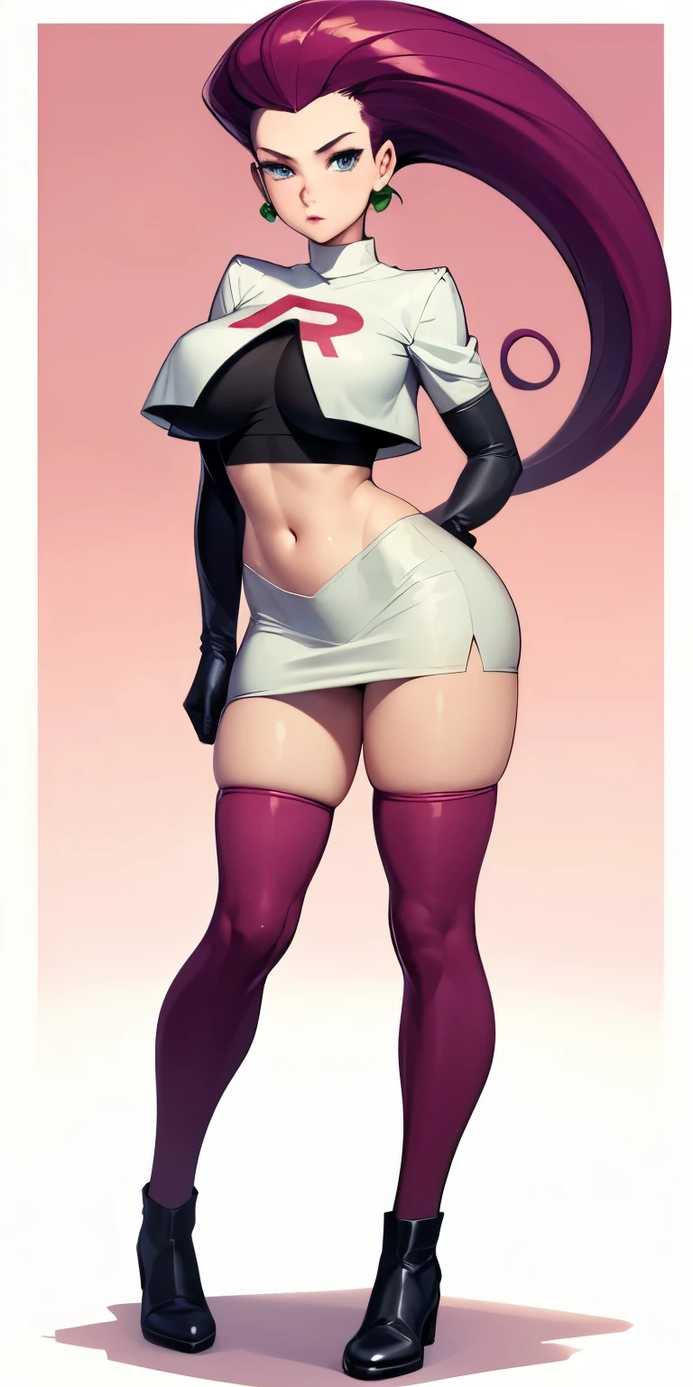 (Masterpiece, grey background:1.2) full body standing straight symmetrical looking to the viewer, view from below, far shot, cow boy shot, purple skin, drow, elf, 1girl, mature, purple eyes, pinched eyes, short silver white hair cut (yellow tiger bikini print long sleeves and long stockings) abs, navel, big knockers, tatter rags, leather choker, chain collar, stomach tattoo (red tattoo) hands on hips, wide hips, thick thighs, metal sandals