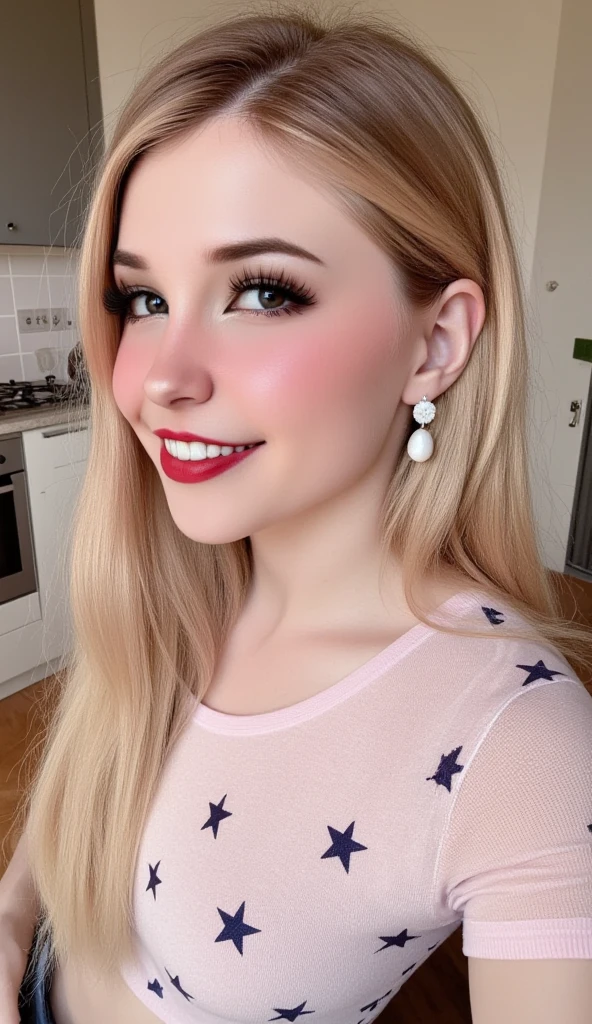 mulher loira com batom vermelho e casaco de pele branco tirando selfie, red-lips