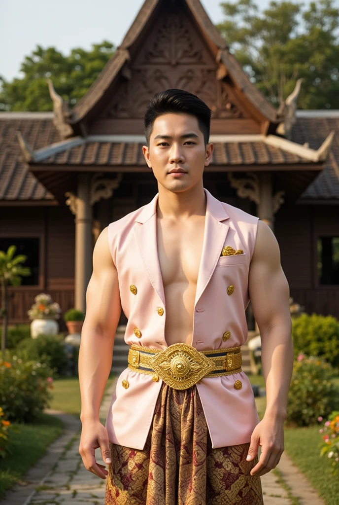 man,Asian Men,Handsome Thai man,A man wears a red loincloth,Red loincloth with Kanok pattern,wearing a gold belt,Wear a gold-colored Sangwan with a ruby pendant. ,Epic reality, epic photorealistic , ultra realism, full length shot (fls) , thick thighs