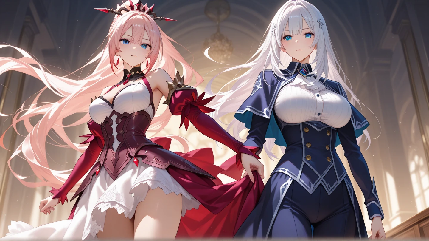 4K,high resolution,2 girls,pink hair,long hair,braid,green eyes,big breasts,Naga queen,白色のNaga queen服,removable arms,white samurai armor,full armor,Heavy armor,black fishnet stockings,decorative ornaments,large Japanese sword,Medieval Village,Show your breasts,large breasts,see nipples,