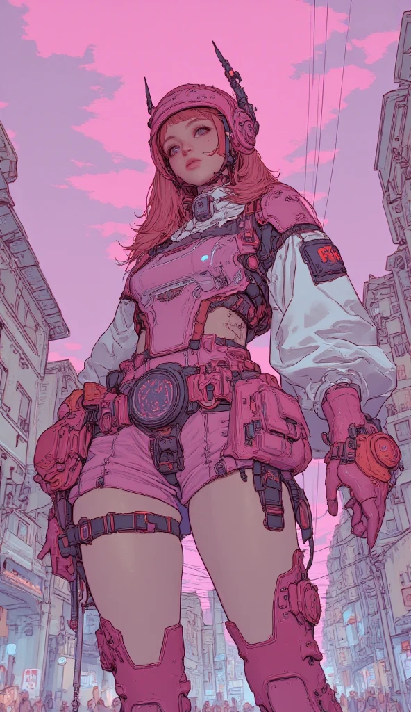 One anime cyberpunk girl, pink short hair, red eyes, big breasts, detailed cybernetic body, cyber implants, futuristic outfit, full body, dark cyberpunk world, anime style