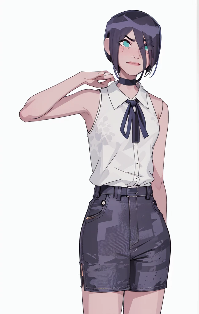 (masterpiece, best quality:1.2), cowboy shot, solo, looking at viewers, 1girl, reze, purple hair, hair between eyes, green eyes, shirt, ((white shirt)), tie, black tie, chocker, black shorts, black knee-high