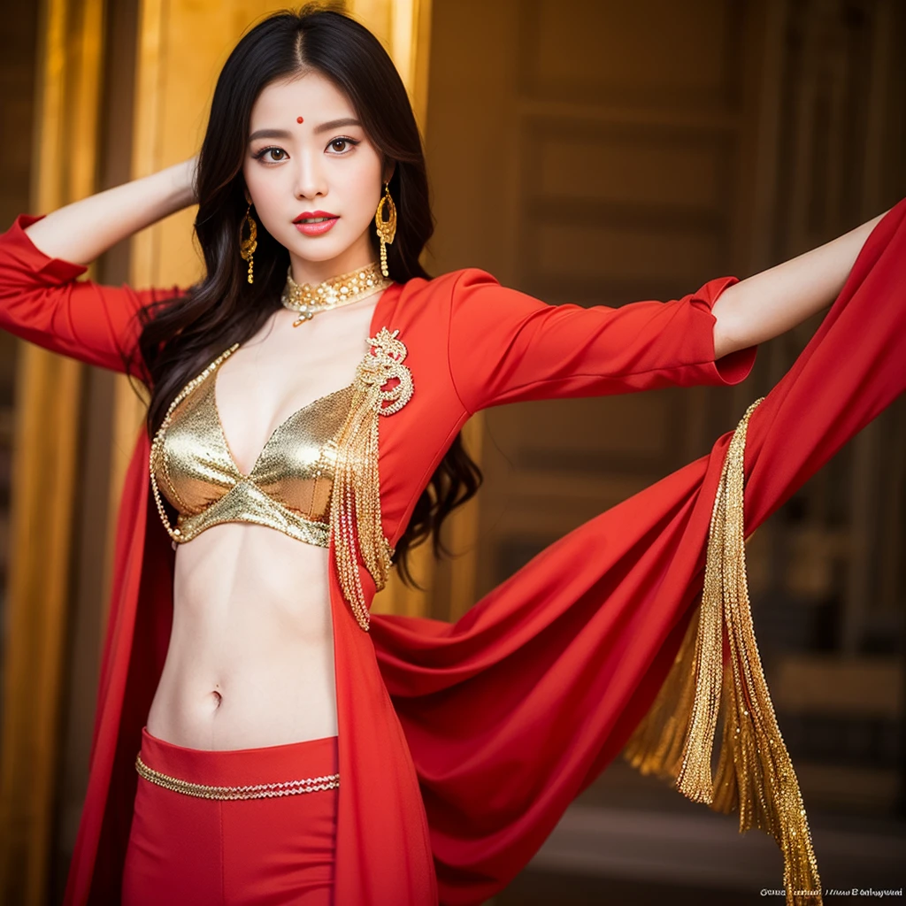 (8 thousand, RAW photos , best quality, masterpiece:1.2), (realistic, photo-realistic:1.4), (extremely dailed CG unity 8 thousand wallpaper), (1 girl :1.5), Western beauty, ( red clothes : 1.4), Red dot on the forehead, pale-skinned, Blush, big eyes, Full body, upper legs, open belly button, Gold-tone waist chain, golden jewelery, Flying ribbon, Particles, The background is the ancient city of Loulan, Old city walls, A desert, dances, dunhuang_dress, dunhuang_Style,