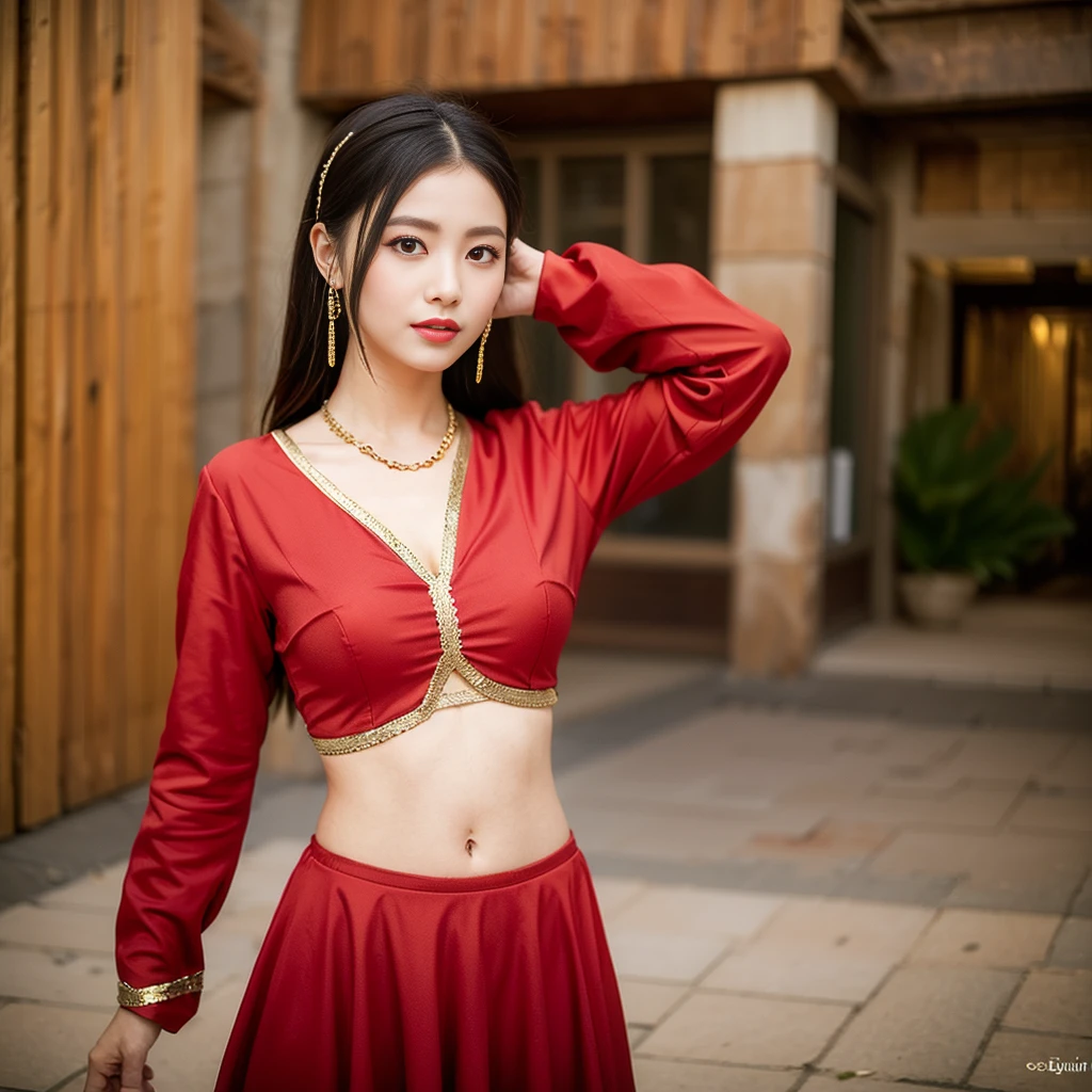 (8 thousand, RAW photos , best quality, masterpiece:1.2), (realistic, photo-realistic:1.4), (extremely dailed CG unity 8 thousand wallpaper), (1 girl :1.5), Western beauty, ( red clothes : 1.4), Red dot on the forehead, pale-skinned, Blush, big eyes, Full body, upper legs, open belly button, Gold-tone waist chain, golden jewelery, Flying ribbon, Particles, The background is the ancient city of Loulan, Old city walls, A desert, dances, dunhuang_dress, dunhuang_Style,