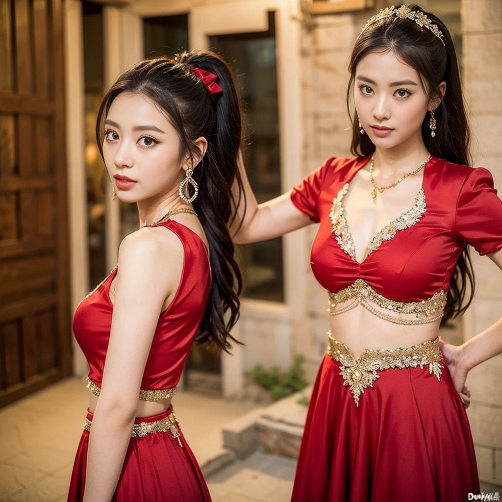 (8 thousand, RAW photos , best quality, masterpiece:1.2), (realistic, photo-realistic:1.4), (extremely dailed CG unity 8 thousand wallpaper), (1 girl :1.5), Western beauty, ( red clothes : 1.4), Red dot on the forehead, pale-skinned, Blush, big eyes, Full body, upper legs, open belly button, Gold-tone waist chain, golden jewelery, Flying ribbon, Particles, The background is the ancient city of Loulan, Old city walls, A desert, dances, dunhuang_dress, dunhuang_Style,