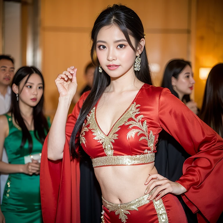 (8 thousand, RAW photos , best quality, masterpiece:1.2), (realistic, photo-realistic:1.4), (extremely dailed CG unity 8 thousand wallpaper), (1 girl :1.5), Western beauty, ( red clothes : 1.4), Red dot on the forehead, pale-skinned, Blush, big eyes, Full body, upper legs, open belly button, Gold-tone waist chain, golden jewelery, Flying ribbon, Particles, The background is the ancient city of Loulan, Old city walls, A desert, dances, dunhuang_dress, dunhuang_Style,