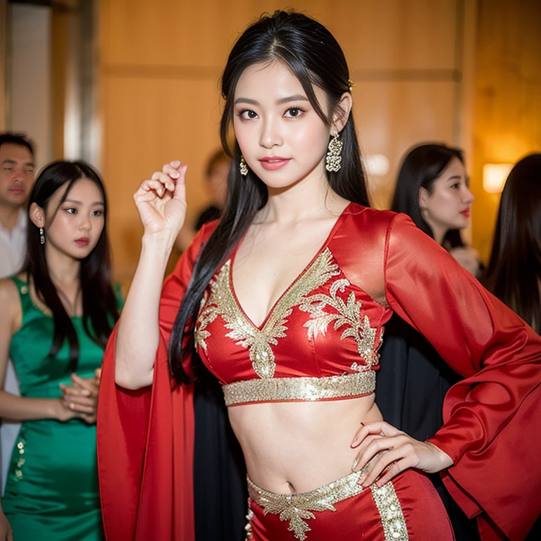 (8 thousand, RAW photos , best quality, masterpiece:1.2), (realistic, photo-realistic:1.4), (extremely dailed CG unity 8 thousand wallpaper), (1 girl :1.5), Western beauty, ( red clothes : 1.4), Red dot on the forehead, pale-skinned, Blush, big eyes, Full body, upper legs, open belly button, Gold-tone waist chain, golden jewelery, Flying ribbon, Particles, The background is the ancient city of Loulan, Old city walls, A desert, dances, dunhuang_dress, dunhuang_Style,