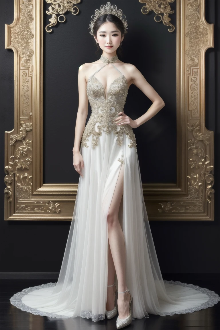 woman in dress and heels posing for a photo, full-body xianxia, dreamy dress, extravagant dress, diamond sparkling dress, Translucent dress, sha xi , intricate dreamy dress, a slender waist, dreamy long dress, Wearing a gorgeous dress, xianxia fantasy, dressed in sparkling dress, glitters, on cheongsam, Elegant dress