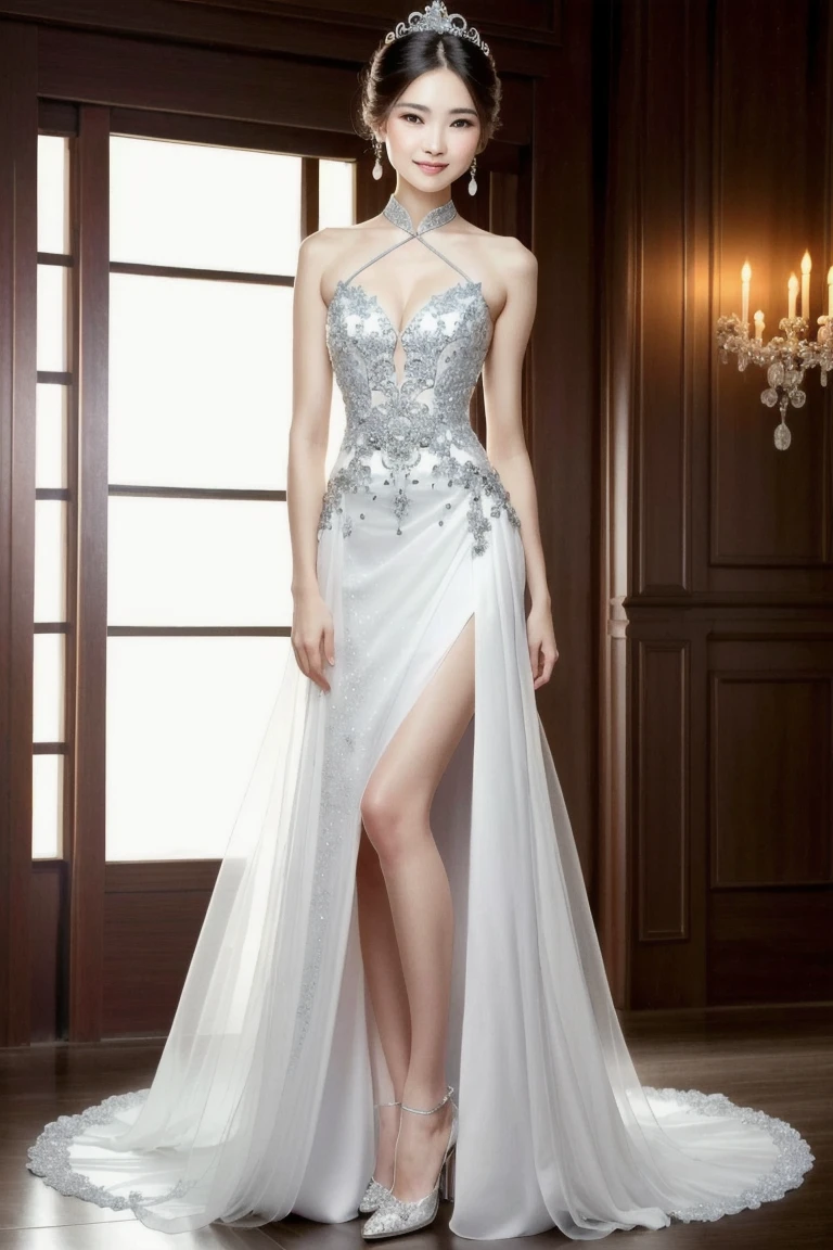 woman in dress and heels posing for a photo, full-body xianxia, dreamy dress, extravagant dress, diamond sparkling dress, Translucent dress, sha xi , intricate dreamy dress, a slender waist, dreamy long dress, Wearing a gorgeous dress, xianxia fantasy, dressed in sparkling dress, glitters, on cheongsam, Elegant dress