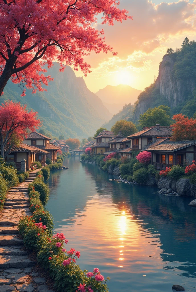 , a small riverside village,The background is mountains,Flowers bloom,vibrant with colors,Detailed scenery,Beautiful natural landscape,Ambiance Lighting,Scorching sunset,a warm color palette,utility,utility摄影,Delicate leaves,Complex architecture , cobblestone streets , charming country cottages , swirling bright colors, dense vegetation ,Still water reflections,picturesque,Leisure and tranquility,artwork of a,Best quality,8k,Extremely detailed,anime style