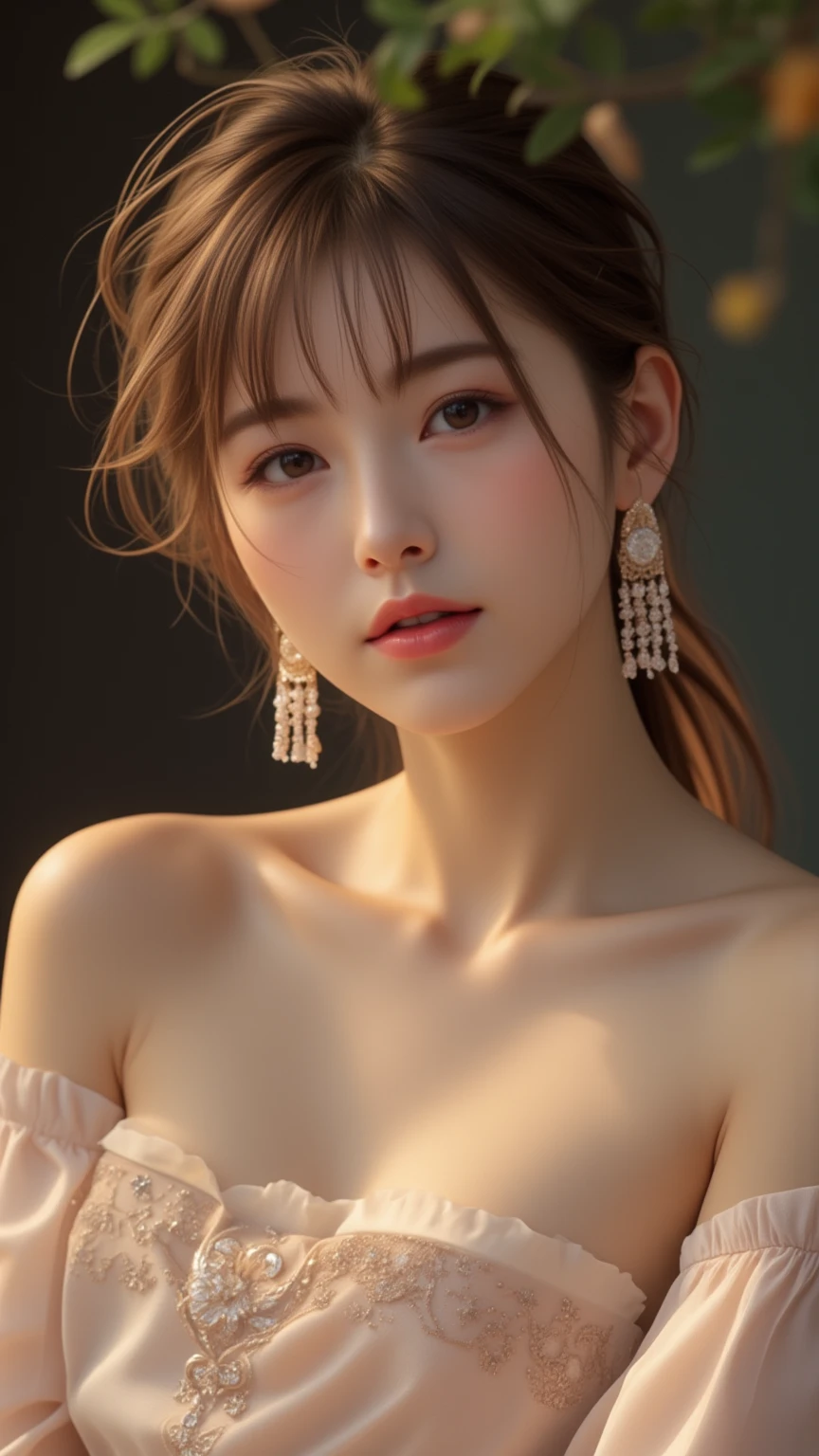 (professional portrait、professional writing)、Detailed workmanship、high resolution、(8K, High resolution:1.2)、(RAW photo, photorealistic:1.3)、highest quality, slender body shape、high definition face、Face is in focus、high definition eyes、(Focused, symmetrical pupils:1.2)、High-definition and beautiful skin、firm skin、natural makeup、gross lip, High-definition hair texture、masterpiece、japanese woman、17 years old、(half updo), very cute, sexy, party dress、(very embarrassed:1.3), (blush:1.3), (scared look:1.3)、(shy look :1.3)、wet eye:1.2, Looking up at the camera:1.2、luxury bedroom, (color々Easy shooting angle:1.3)、medium breast, nsfw, dynamic pose, thin necklace、small earrings