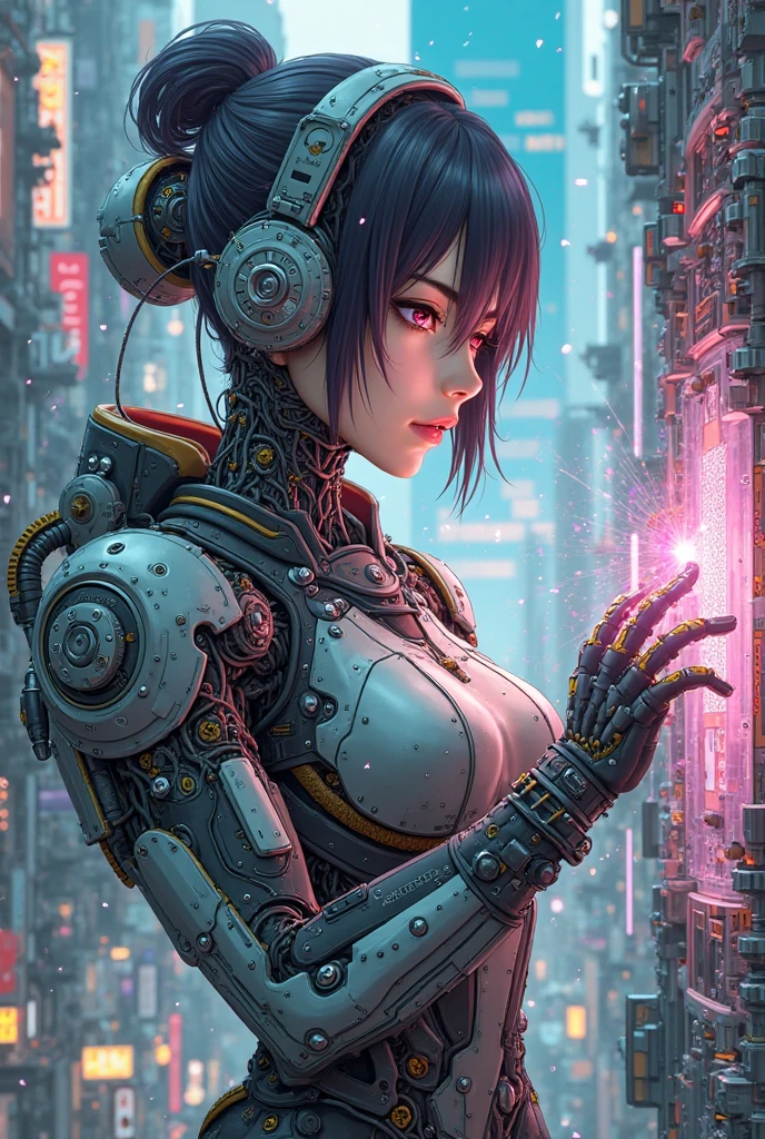 Top quality, tmasteRpiece, Ultra-high resolution, ((Realisticlying: 1.4), RAW photogR, 1 CybeRpunk Robot GiRl, Smooth and radiant skin, (hypeR Realistic detailed)), mechanical limbs, Tubes attached to mechanical paRts, Mechanical veRtebRae attached to the spine, CeRvical spine mechanical fixation in the neck, wiRes and cables connecting to head, Neon Genesis Evangelion, ((Ghost in the Shell)), Small LED light, Global Illumination, deep shadow, octaneRatingRendeRing, 8k, SupeR shaRp, Metal, IntRicate decoRative details, BaRoque details, veRy complex details, Realistic RaytRaicing, CG tRends, facing at the cameRa, Neon light details, (AndRoid factoRy in the backgRound), H's ARt.R. GigeR and Alphonse Mucha.