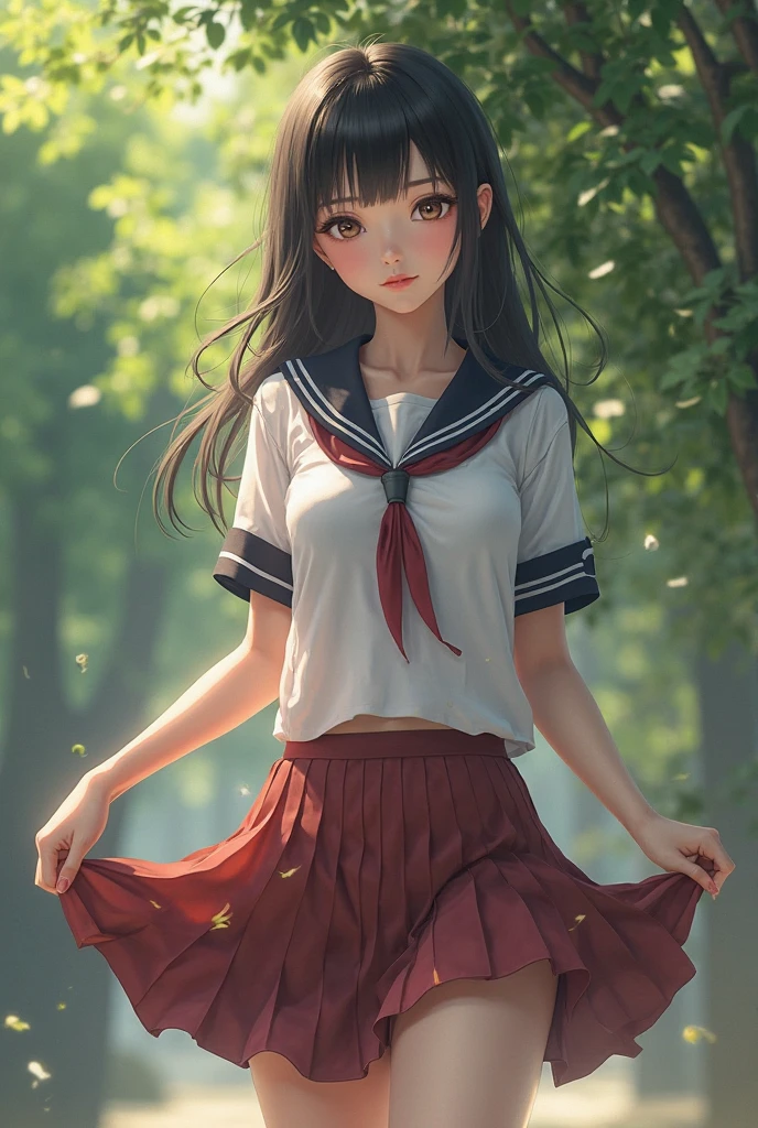 panty shot, Panties with a single strawberry printed on them, Cover your chest with your arms, super cute, Sheer Japanese girl high school uniform, Beautiful Face, ((Slightly embarrassed)), (blow upskirt), (skirt lifted by wind, Skirt flipped by the wind), Super detailed, ((masterpiece, best quality, high resolution)), Highly detailed CG, from below, Aya Tojo, (High quality, high quality texture, Beautiful detailed, fine detailed, extremely details CG), Detailed texture,
