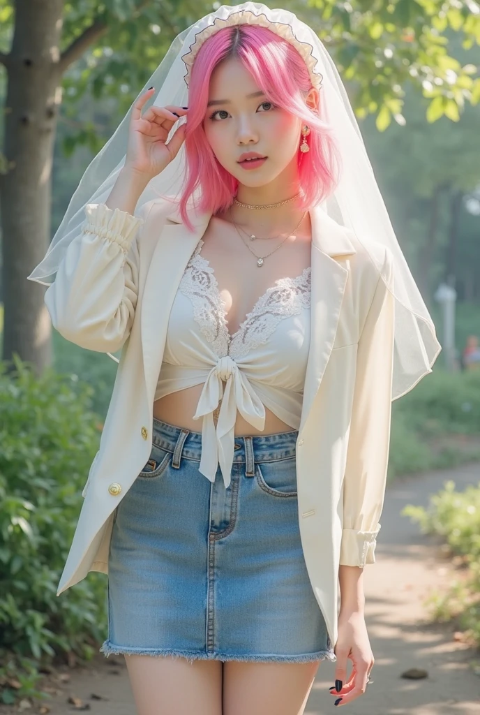 (panty shot :1.3),One person girl，View Lens，Pink Hair，Wear ，masterpiece，high quality，8K，最high quality，Realistically，Vivid details，One huge breasted girl，Adorable，Beautiful face with lots of detail，One Man，View your viewers，The street faces the wall，Standing on the street，uniform，Perfect detail。