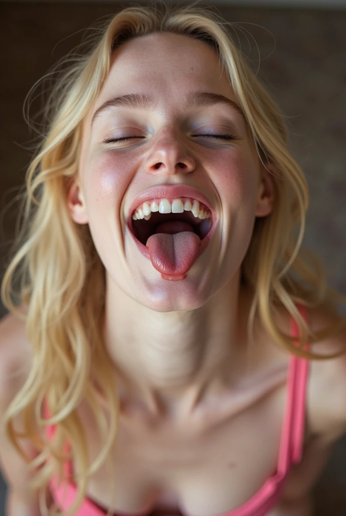 Closeup of a female young Elle Fanning's face, actress Elle Fanning when she as 16, skinny, small , blond haired girl, , ,  wearing a pink gym top, mouth very wide open and smiling, sticking out tongue,  eyes closed, long hair, mouth full of milk, extreme skin detail, photorealistic, 8k, wallpaper, kneeling on floor, viewed from above