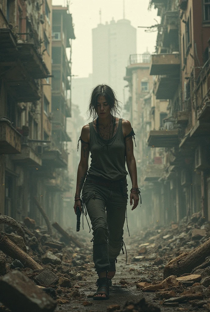 Abandoned buildings and streets full of zombies and a woman covered in blood killing zombies