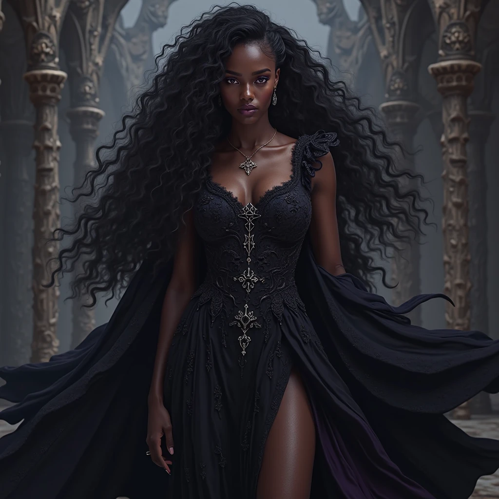 Adult African female vampire of the Tzimisce clan with loose curly hair and long dress