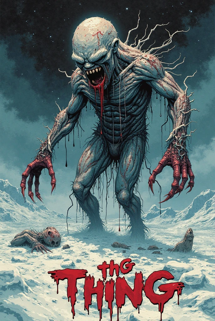 1girl, human transforming, sharp_teeth, bifurcated jaw, blood from mouth, long tongue, sharp claws, arthropod limbs, exposed bone, tentacles, blood stain, deformed, creature, monster, body horror, tearing through clothing, solo, horror \(theme\), outdoors, night, snowing, snowfield, winter, The Thing,