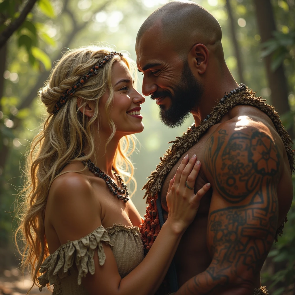 Sacred rebels, an extremely attractive couple. Dark bearded handsome bald shaman man with muscular upper body bare. Blonde fairie-like extremely sexy yogini woman dressed in flirtatious pink skimpy underwear, perky big breasts, plenty of cleavage, hourglass body. Lots of hippie style jewelry. Both are tanned and fit. Side by side, touching each other sensually, kissing, visibly aroused, facing the camera.