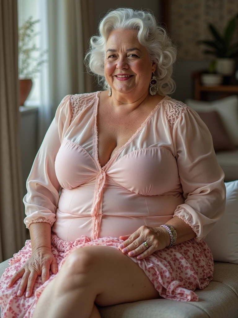 A elderly plus sized woman with a confident and flirtatious smile, looking directly at the camera. high class, She is full naked, undressed, soft skin, highlights her curvy, voluptuous figure, realistic, cutie, exuding a mature sensuality. Her pose is playful and alluring, touching her breast, legs open. The softly lit, intimate background enhances the seductive atmosphere, making her the focal point of the image