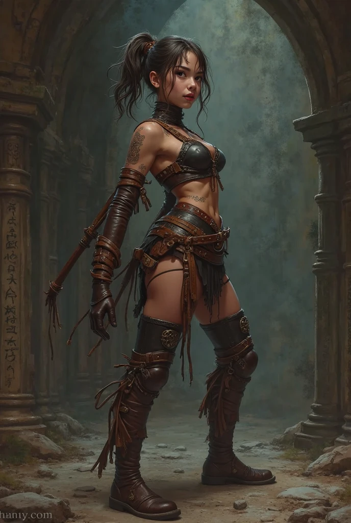 A female tomb raider with long red hair and slightly shiny tanned skin dressed only in a loose open dripping white loincloth, with a very ripped and torn blouse with a plunging neckline, pushed down over her right shoulder, stands in a dark room-lit with flickering torches on the inside of a large very old mysterious underground Mayan temple. Her skin and clothes are dirty with mud. A large dark menacing shadow moves in the background.