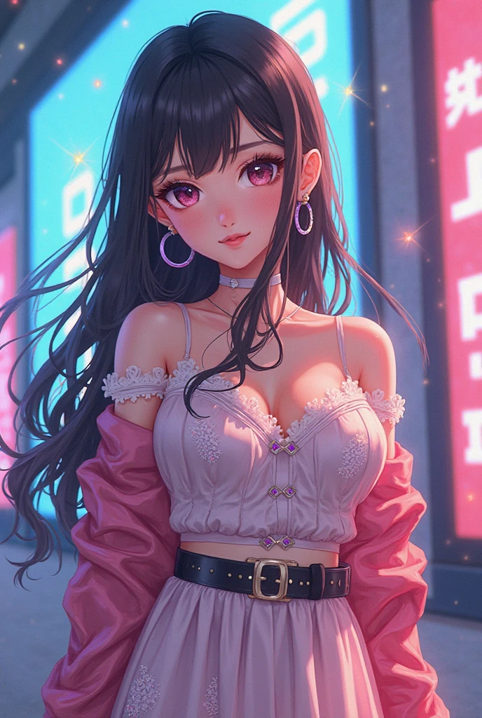 Create a busty anime woman who is cosplaying the YouTube character pomni