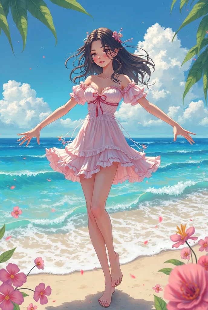 painting of a woman in pink transparent.wet. dress and hat, standing in the ocean, ( ( konstantin razumov ) ), konstantin razumov, a picture of beauty, dmitry spiros, Steve Henderson, Beautiful character art, James Gurney's painting style, dressed in pink.A transparent dress,breasts are visible. Beautiful Realistic Picture, beautiful picture, vladimir volegov, Antonio Chiseri