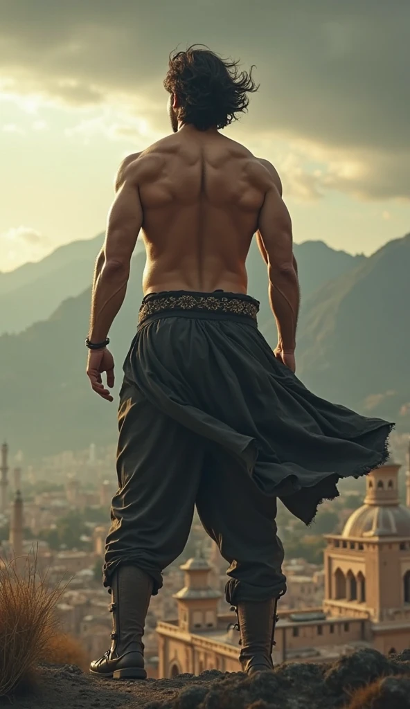 (masterpiece, ultra high res, illustration, detailed:1.3), proud Arab man, (strong build:1.2), pushing against rubble, crumbled architecture, desert setting with remnants of ancient ruins, golden hour sunlight, fiery determination in eyes, symbolic representation of rebirth, dramatic shadows, warm color palette, intricate detailing of torn clothing, capturing the essence of resilience, top-down perspective, portraying strength amidst destruction, timeless and frame-worthy composition.