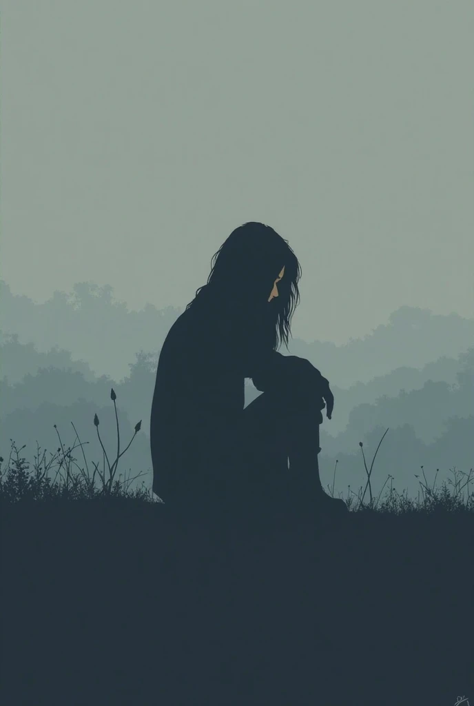 A minimalist image in shades of gray, showing a person sitting alone on an empty park bench, seen from the side, slightly bent forward, with elbows resting on knees and hands clasped, conveying introspection and melancholy. In the background, trees with few leaves, dark and slightly out of focus, create a feeling of emptiness and solitude. The overcast sky, with heavy clouds, without rain, represents silent sadness and longing. Soft lighting highlights subtle shadows, accentuating the loneliness of the moment.