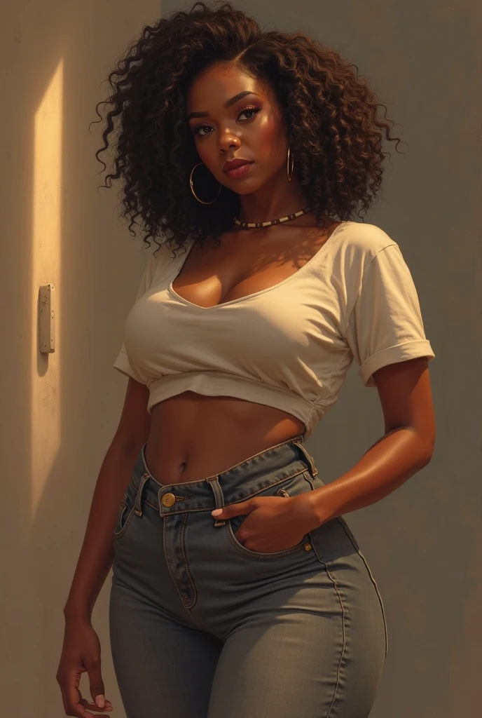 A beautiful and amazing black Brazilian woman，portrait of full body, white v neck tshirt, sitting on chair, large breasts, Free curls, Black curly hair, (dark shorter curly hair), Wild black long curly hair, multiversal hair, Brazilian, Short black curly hair, Curly black hair, Curls, wavy hair spread out, Baroque curls, curlies, curly, Fair curly hair, Hair texture, curly bang