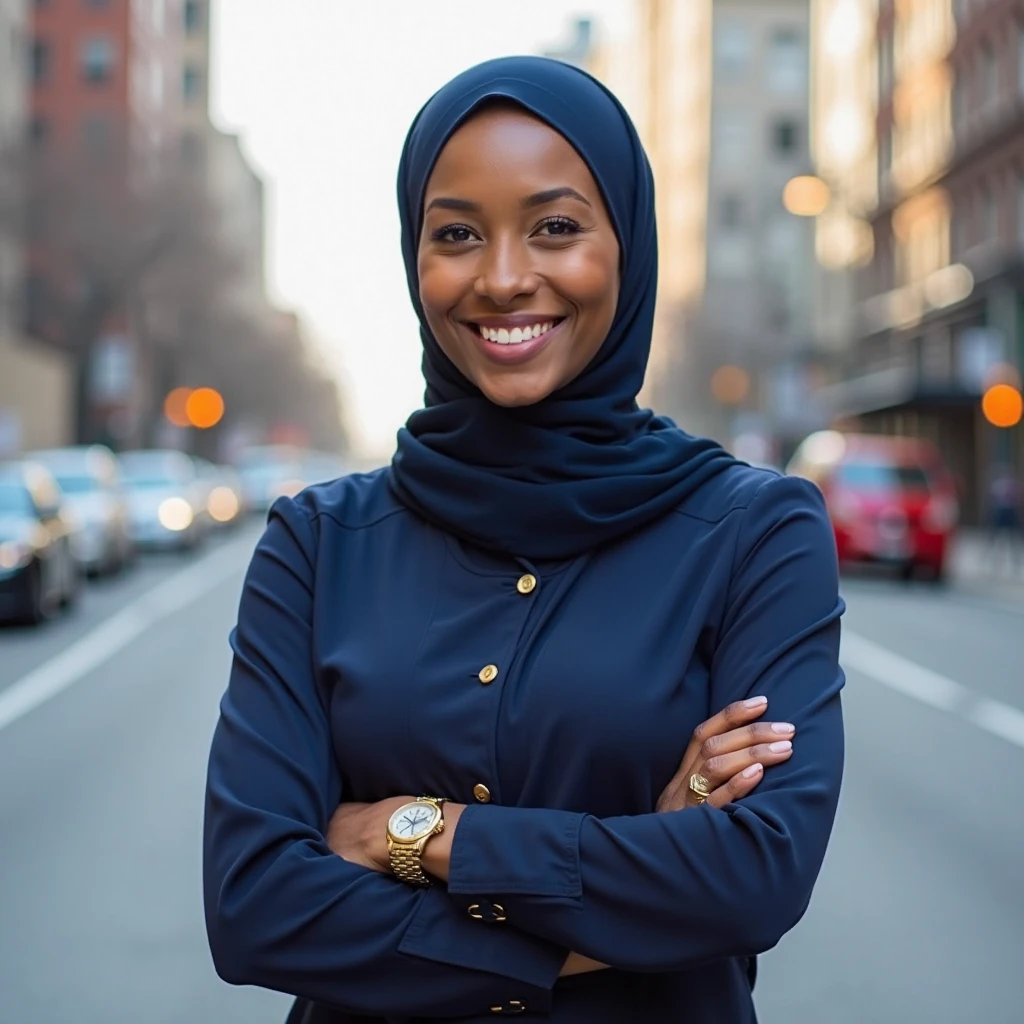 "Describe a day in the life of a successful businesswoman who wears a hijab. Highlight how she stays focused on her goals despite challenges and how her unique perspective and commitment to her values contribute to her success in the business world." Mention is name shehjadunnisha