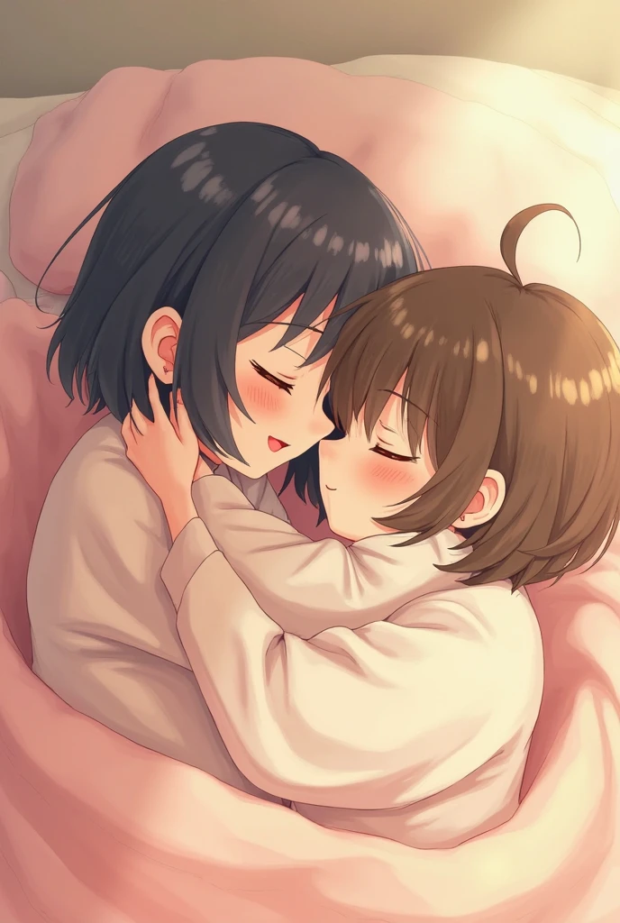 Two young girls hugging on a bed