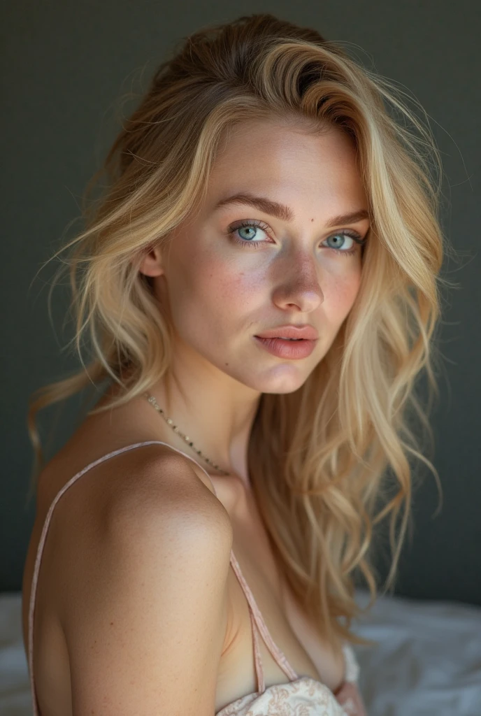 Boudoir style photoshoot with blonde girl and one lamp in dark room