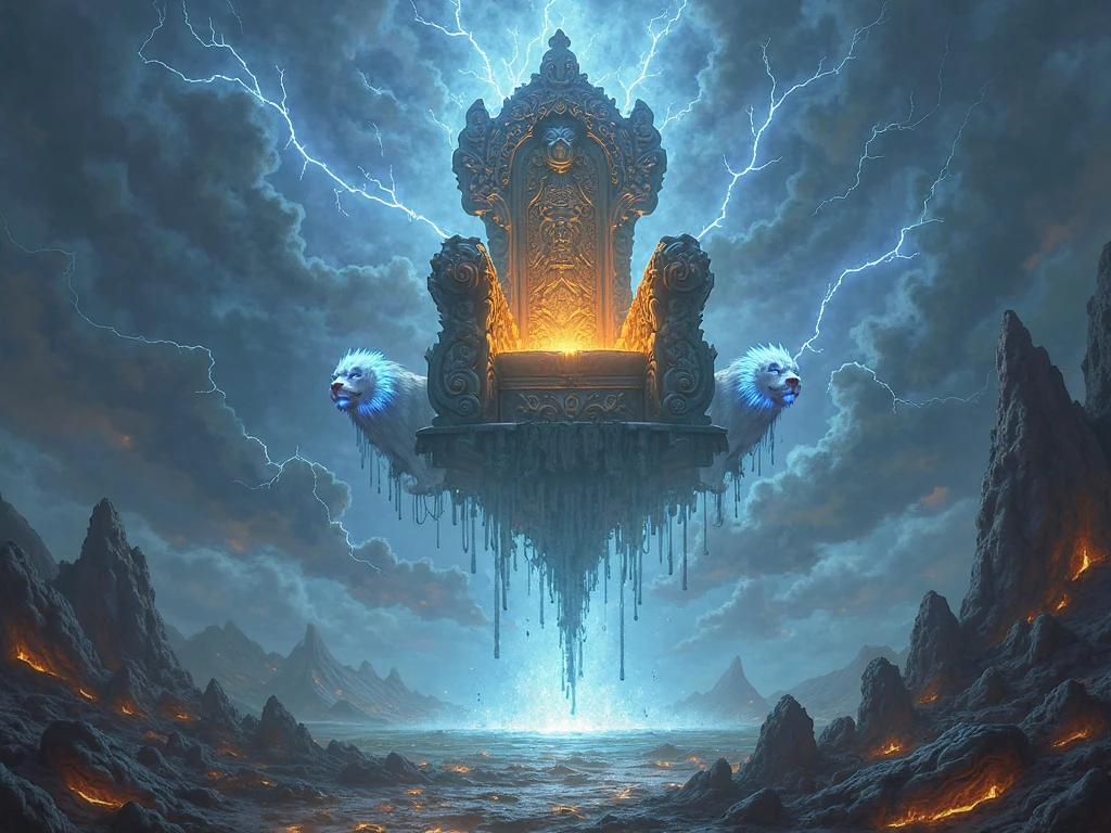 A floating arcane throne pulled by spectral lions, riding lightning ...