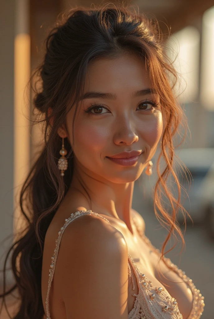 16K,Best Quality,Masterpiece,Ultra High Resolution,(Realisticity:1.4),Original Photo,Cinematic Lighting, 1Girl,Chinese girl,looks like Linda Evangelista,loose hair,thick hair styled in curls,dark hair,High forehead,very narrow eyes,very small nose,Very thin face,sharp cheekbones,plump lips,thin neck,looking at us,smiling,smile,backlighting,ocean,