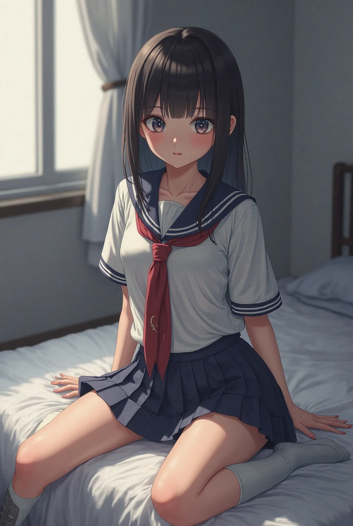 very cute and beautiful girl,(highly detailed beautiful face),
(smile),blush,shy,looking at viewer,serafuku,pleated navy blue mini skirt,
black hair,sitting on bed sheet,antique hotel bedroom,bag on floor,
(best quality,masterpiece),absurdres,highres,ultra-detailed,extremely detailed,32k,8k resolution,
intricate details,cinematic scene,detailed background,solo,dynamic angle,realistic,