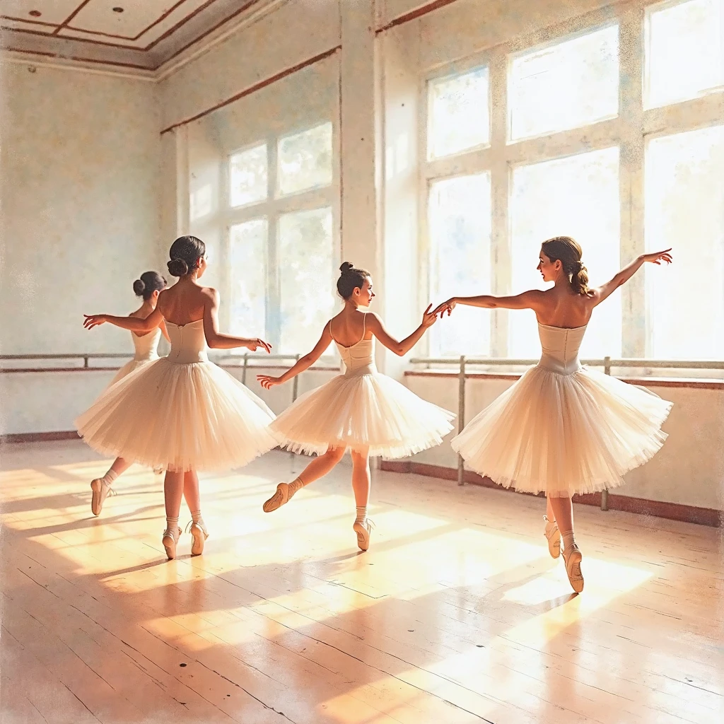 SFW, ExtremelyDetailed (((Kawaii Ballet Girls Group in a row:1.37))), Childish perfect face, Reflective Eyes, Detailed(Delicate Clothing textures), Corrected Leg Line, Corrected Hand, (Correct limbs), Dynamic Joyful Expressions LifeLike Rendering, ((Specular Reflection:0.8)), TopQuality 8K Ultra-detailed masterpiece (ProfessionalPhoto:1.37)(Acutance:0.8),(Luminism:1.28), Light particles, (Muscle:-0.5), (Transparent tutu), facing away (Clearly visible Beautiful hip shape) (from side)