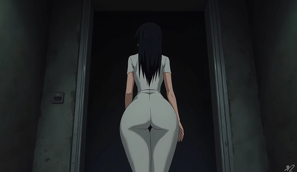 Hinata hyuga wearing silver tight silky satin dress seen from behind, smiling