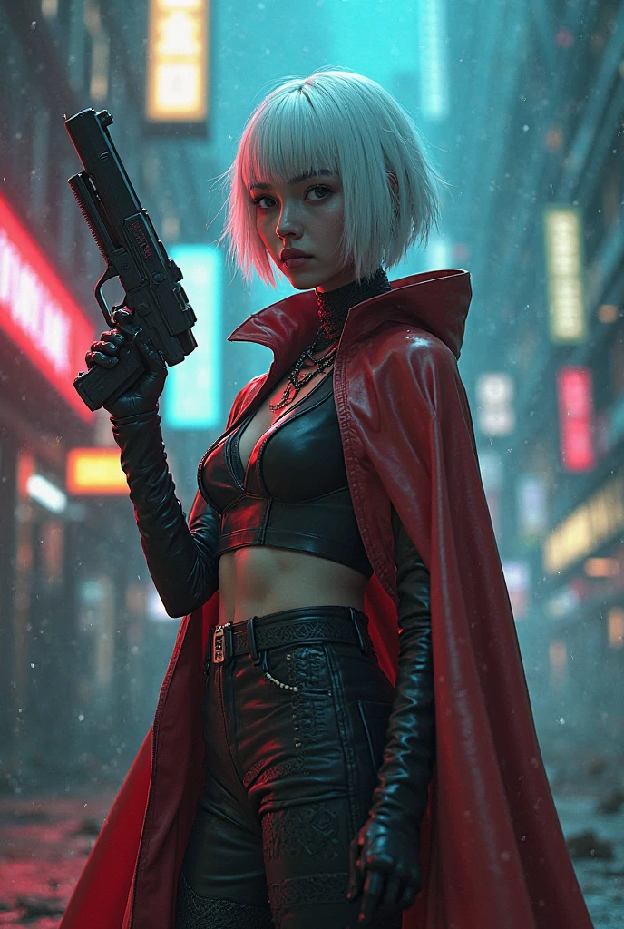 cyberpunk-style city with a nocturnal vibe with Matrix-like aesthetic references, glowing huge clock tower as time machine, green glowing cascading code. At night, (1girl, solo, alone), photorealistic, medium-breast slim:0.6 body, oval:0.5 face, cleavage:1.1, sexy black laced bra, miniskirt, white laced panty, coat, (black micro sunglasses), (holding a short gun), (slightly leaning forward running pose), ((half-body thigh level medium shot)), cinematic lighting, ray tracing, motion blurred background.