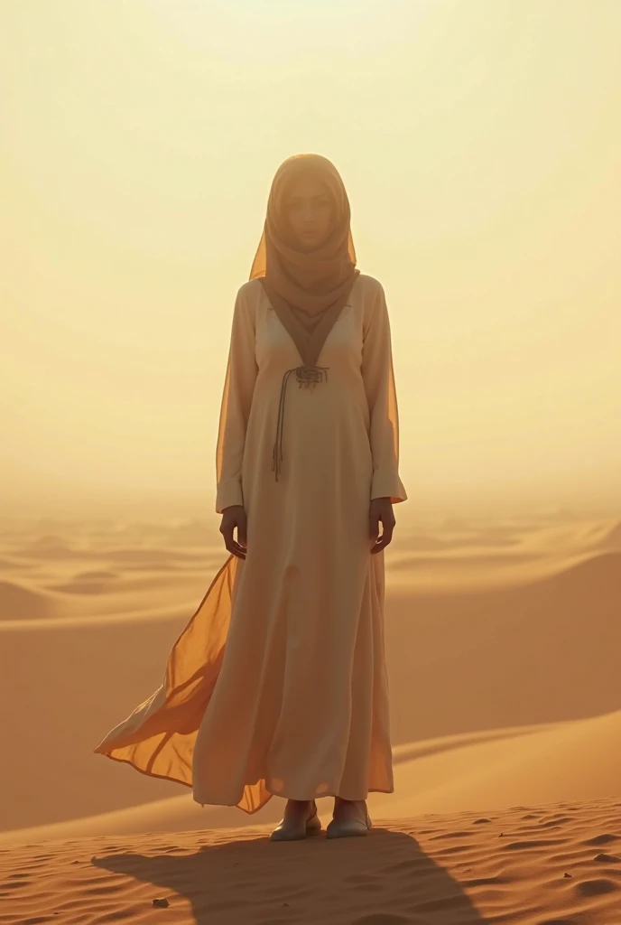 A beautiful woman in a white hijab walking through a vast desert, with her entire body surrounded by a soft, glowing white aura. The scene should be highly detailed and realistic, with dramatic lighting and a cinematic feel. Ensure the image is rendered in hyper detail, 8k resolution, ultra sharp, and UHD quality to capture the ethereal and mysterious atmosphere.