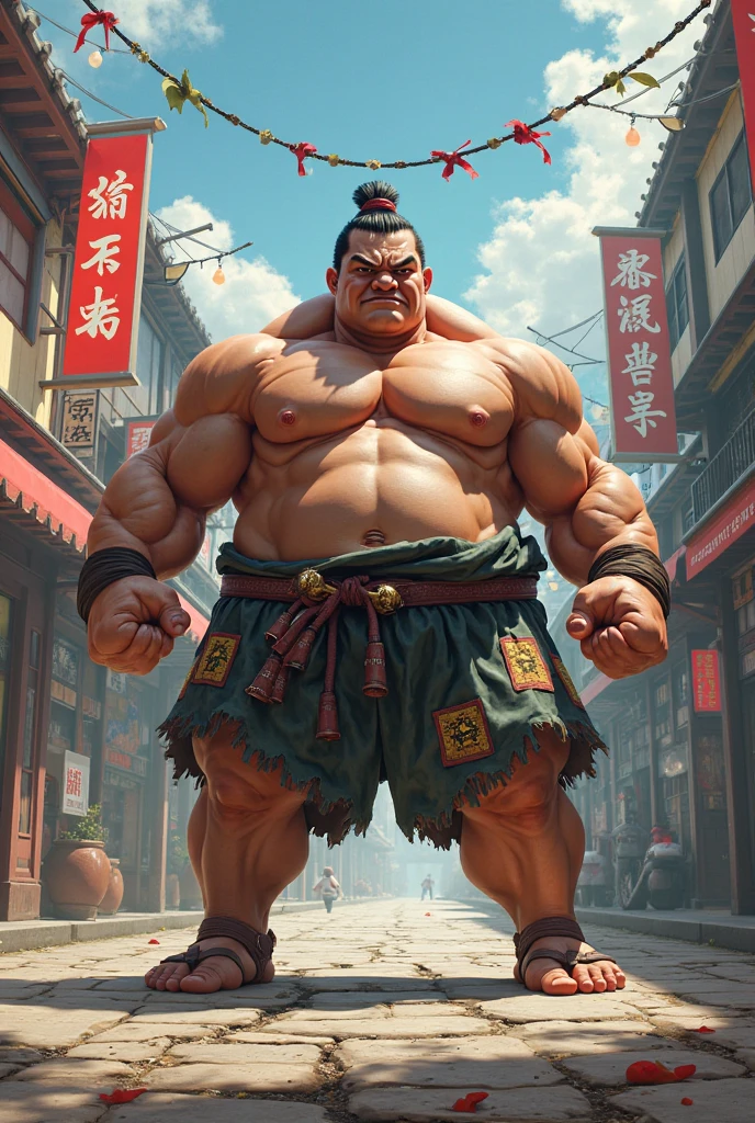 disney art style, semirealistic, huge muscular and fat sumo wrester, old man wearing shorts, shirtless, topless