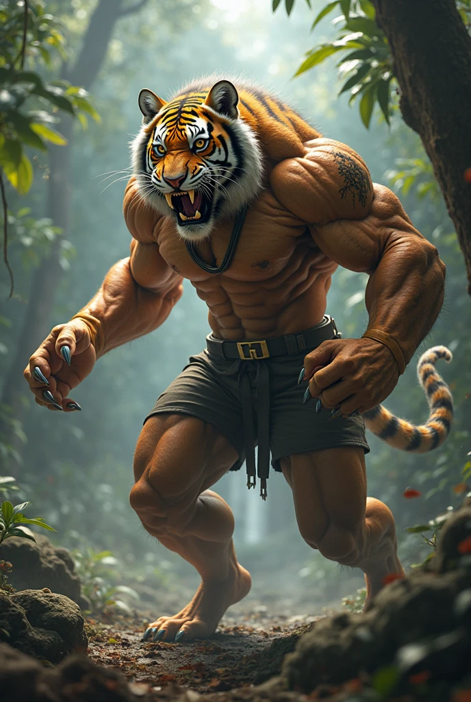 Create a semi-naked and very erect muscular tiger
