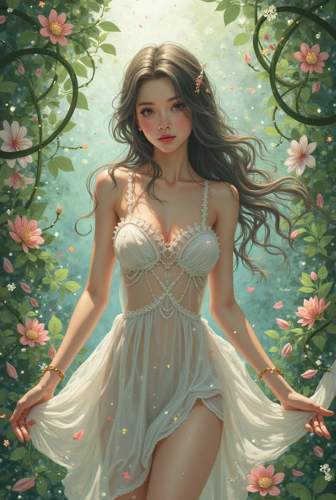 A goddess of love in her small garden, She is surrounded by beautiful flowers, Little angels and fairies accompany her. Su mirada revisa la dulzura, Se viste de forma luminosa y vaporosa. Su cuerpo es esbelto y espectacular. ((pechos grandes)) (cuerpo fitness)