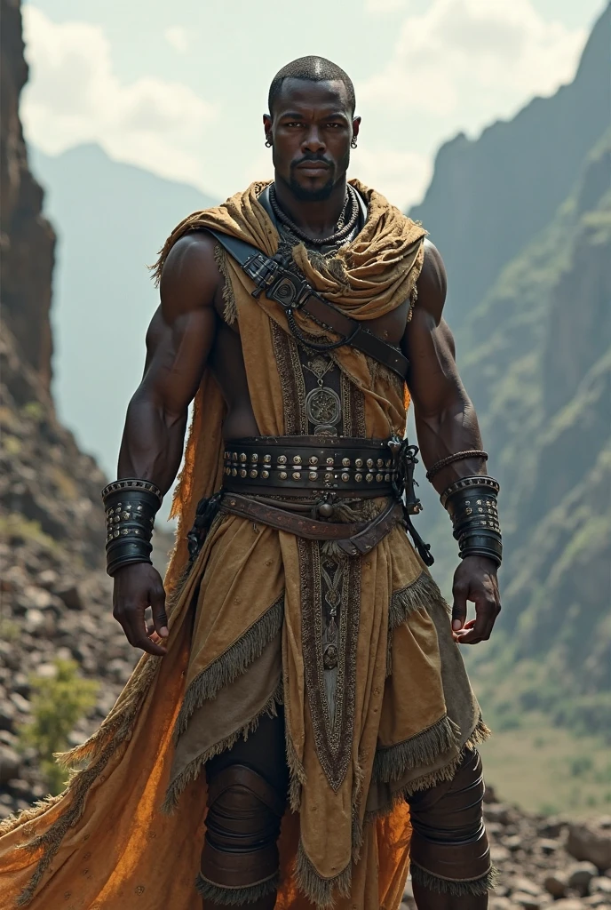 cinematic movie still of a young and handsome black archaeologist adventurer, dark skin, (shirtless with hairy body and scarf:1.1), manly action hero, athletic, stubble, in a mysterious ruins, charming smile, photorealistic, extremely detailed, subsurface scattering, volumetrics, dramatic angle, cinematic lighting