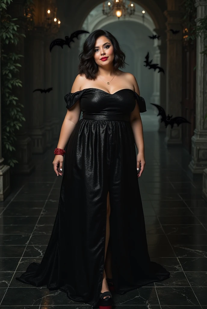 Madura, 20-30 years old, robust woman, huge busts, huge ass, wearing a long dress down to her feet, in black and high heels of the same color, transparentes, evil smile, safada, large hair.