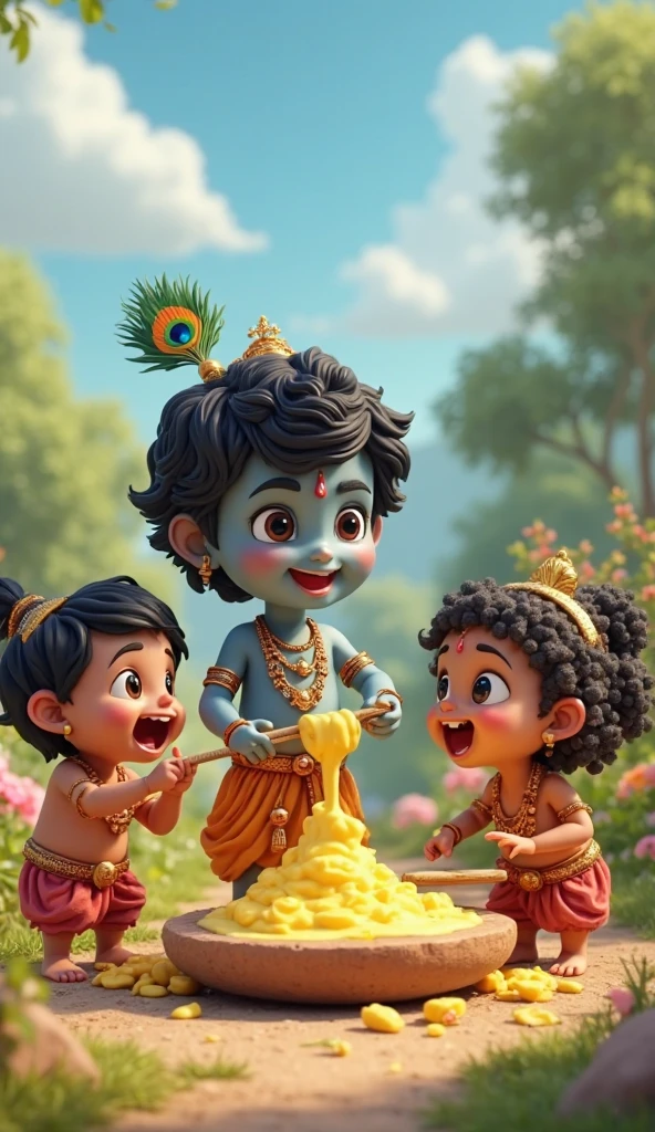 A lively courtyard in Vrindavan, filled with the laughter of children.Little Krishna: Krishna, in his yellow dhoti and peacock feather, stands at the centre, sharing butter with his friends. His face is smeared with butter, and his eyes gleam with joy.Friends of Krishna: Krishna's friends, dressed in colourful dhotis, eagerly reach for the butter. Their faces are also messy, and their expressions are filled with pure, playful delight.