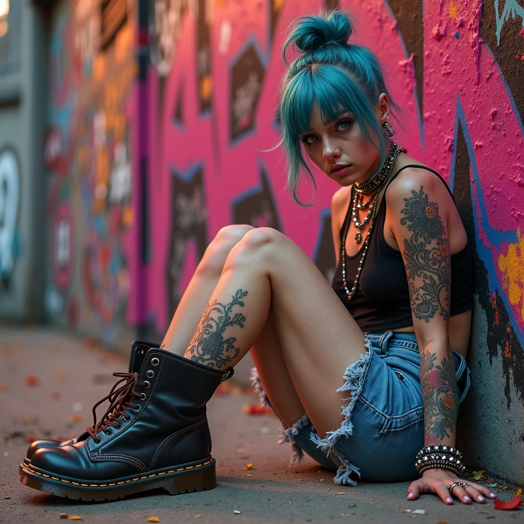 Alice in Wonderland curvy with pretty grunge style shapes with dark purple hair and blue eyes with lip frenum piercing and lots of tattoos wearing high white Doc Martens she is sitting by the river all in a sad atmosphere in cartoon style 