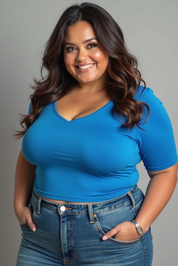 Beautiful sensual and erotic woman with curvy body, cheveux longs et noirs, frange, (double bun), ((big curvy body,)), Taille la plus large, thick, beaux seins bi ajustés, Curved Accented Loot, detailed sparkling olive green eyes, les yeux sont vert olive, long cils, sourire sensuel, cuisses thickses, sourit avec incertitude à la caméra, ((wearing a see though crochet strapless crop top, pants,dark blue color, knots,)), bracelet, photorealistic, chef-d'artwork, Bokeh, volumetric lighting, ambiance sensuelle, Full body view, smile, (big ass),