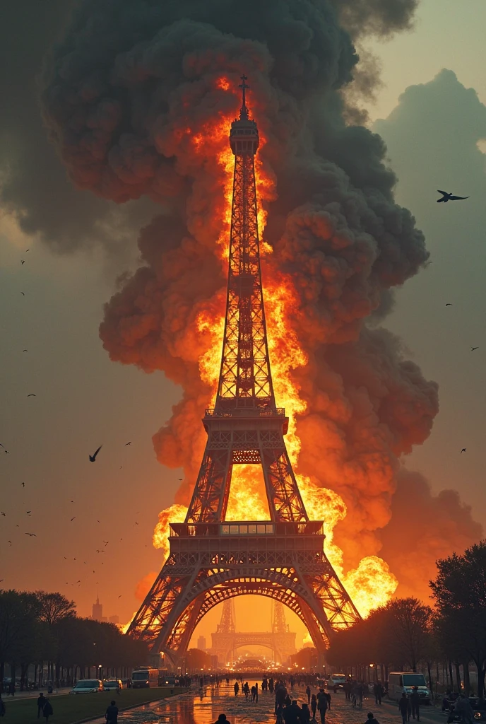 A photo of a futuristic setting, aliens, war, one Tour Eiffel, fire